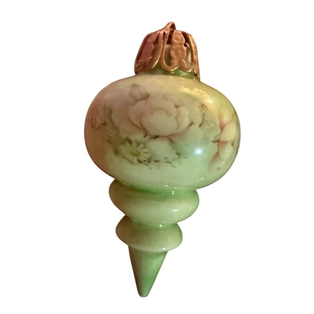 Vickerman Vintage Green Glass Finial Ornament Hand-Painted Floral 4 in